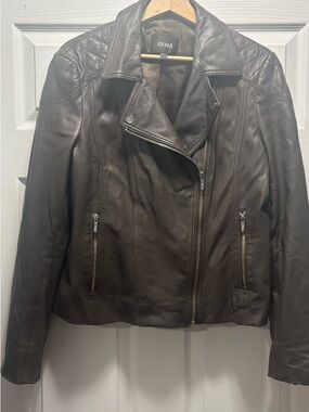 Dark Brown Leather Moto Jacket with Quilted Shoulders